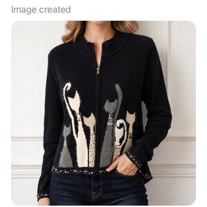VTG Coldwater Creek Black Zip Front Embellished Abstract Novelty Cat 1X Sweater